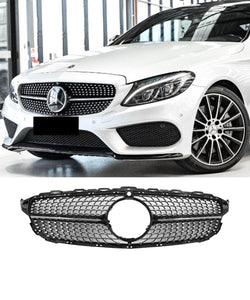 Mercedes Benz C-Class C200 C220 C250 C300 C350 C43 AMG (2015-2018) No Camera Gloss Black Chrome Diamond Front Bumper Grill Grille Replacement