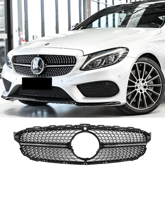 Mercedes Benz C-Class C200 C220 C250 C300 C350 C43 AMG (2015-2018) No Camera Gloss Black Chrome Diamond Front Bumper Grill Grille Replacement